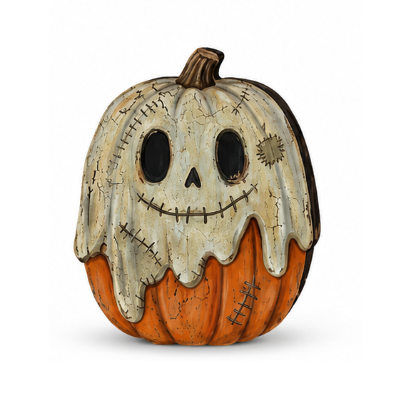 A decorative jack-o'-lantern pumpkin with a stitched cream-colored ghost face and orange pumpkin body, shown on a plain white background.