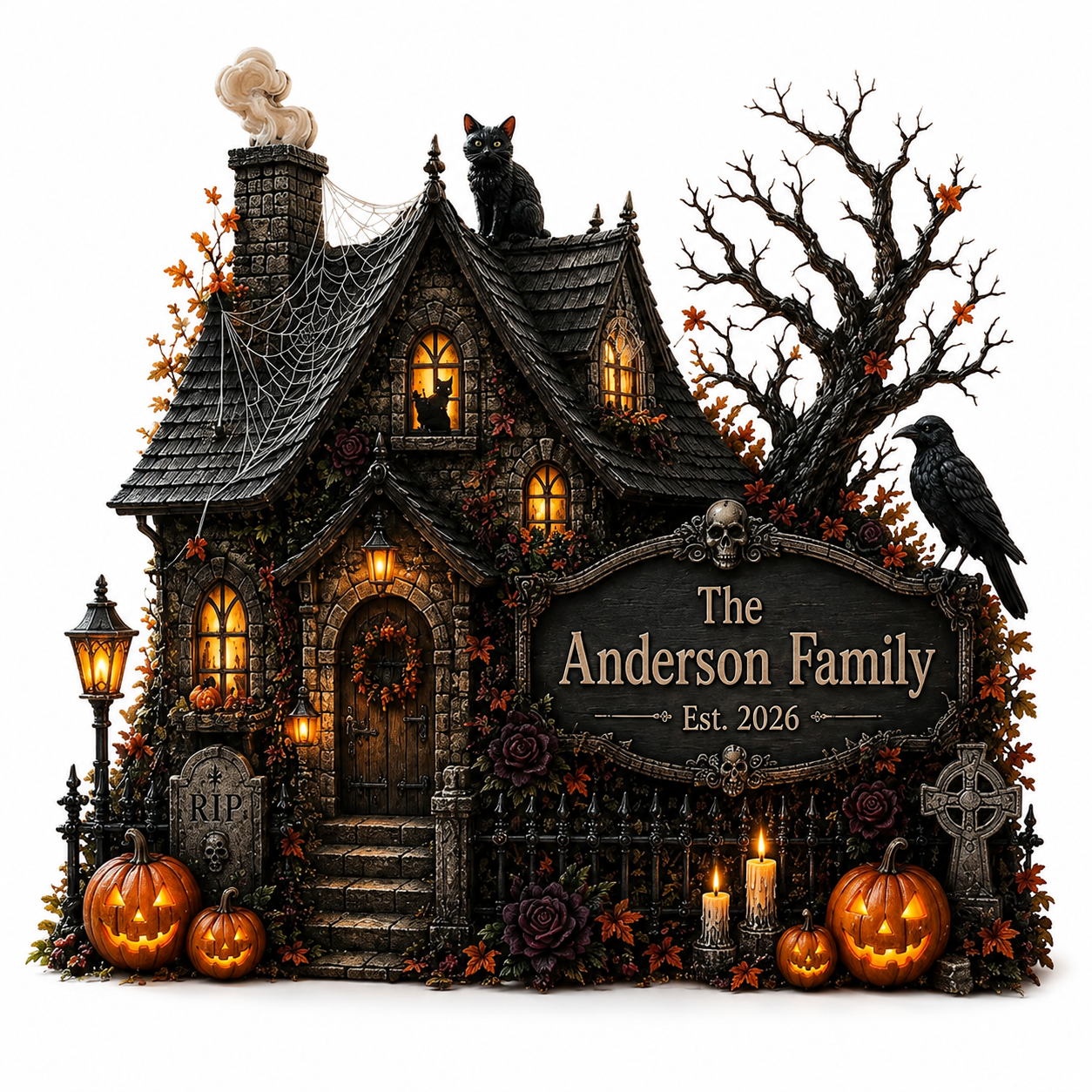 Customized haunted manor wooden sign personalized with family name and est year featuring cobwebs and tombstones.