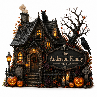 Customized haunted manor wooden sign personalized with family name and est year featuring cobwebs and tombstones.