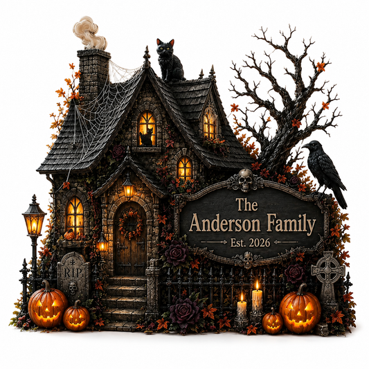 Customized haunted manor wooden sign personalized with family name and est year featuring cobwebs and tombstones.