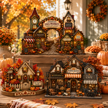A decorative autumn-themed miniature village set featuring three cozy storefront houses with glowing windows, pumpkins, fall foliage, and a large arched market sign reading 'Fall Market.' The scene is styled on a wooden surface with pumpkins, flowers, and warm seasonal decor in the background.