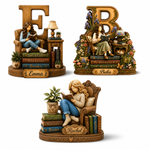 Three personalized bookish letter ornaments shown on a white background: a large gold letter E with a girl reading on a chair over stacked books, a large gold letter B with a floral scene and a girl reading, and a smaller gold letter R with a girl reading on a chair over books. Each ornament is labeled with a name such as Emma, Bella, or Rachel.