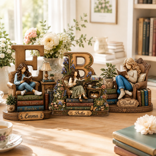 Personalized wooden bookshelf decor featuring three reading-themed figurines and large letters on a wooden table in a cozy, sunlit room. The left piece shows a girl reading in an armchair with the name 'Emma' on the base.