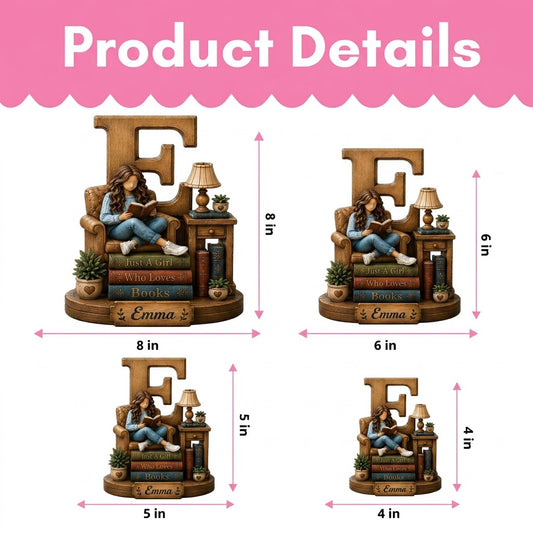 Dimensions diagram indicating height, width, and freestanding wooden base depth for custom book lover initial letter tabletop decorations.
