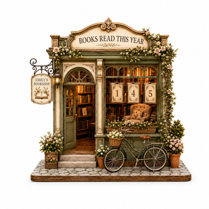A decorative miniature bookshop display reading 'BOOKS READ THIS YEAR' with 'EMILY'S BOOKSHOP' hanging on the left. The shop has a vintage green facade, floral garlands, a window display with numbers 1, 4, 5, a cozy interior visible through the doorway, a bicycle with a flower basket, and potted flowers on a stone-textured base, all on a clean white background.