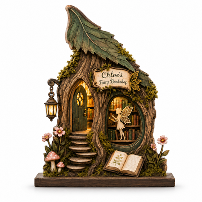 A decorative fairy-themed woodland house figurine with a leaf-shaped roof, mossy details, a small door, window view of bookshelves, a lantern, mushrooms, flowers, and an open book on a white background.