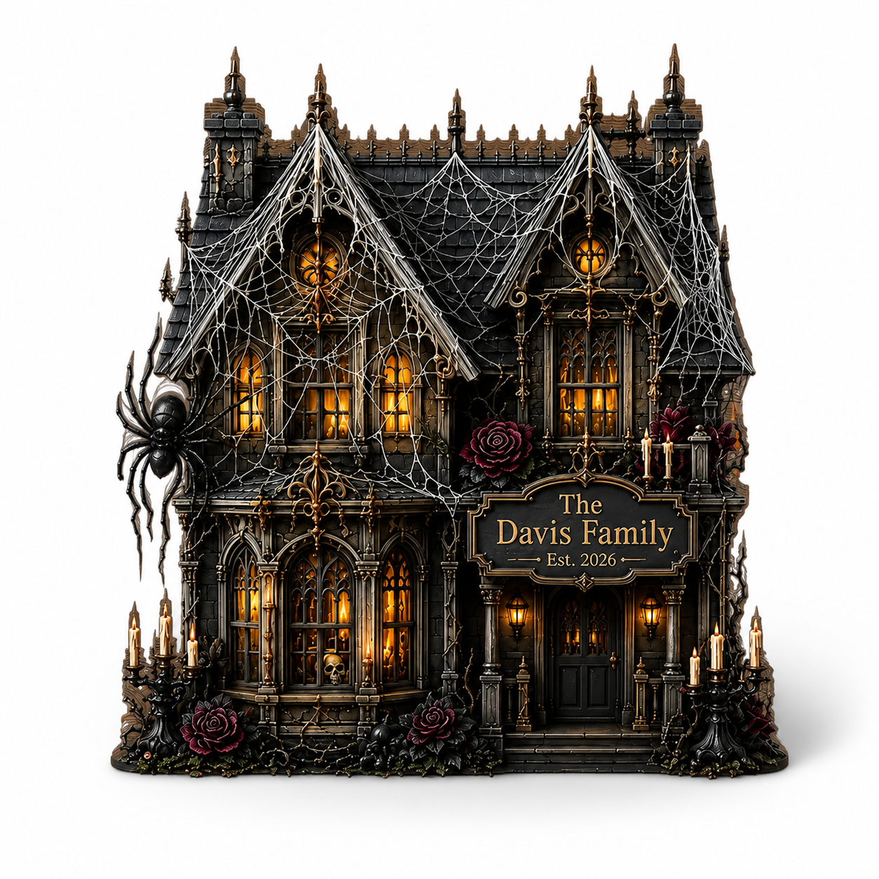 A decorative gothic haunted house figurine with the sign 'The Davis Family Est. 2026' on the front, covered in faux spiderwebs, with glowing yellow windows, red roses, and a large spider on the left side, shown on a white background.