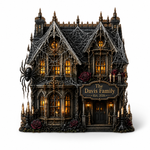 A decorative gothic haunted house figurine with the sign 'The Davis Family Est. 2026' on the front, covered in faux spiderwebs, with glowing yellow windows, red roses, and a large spider on the left side, shown on a white background.