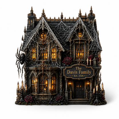 A decorative gothic haunted house figurine with the sign 'The Davis Family Est. 2026' on the front, covered in faux spiderwebs, with glowing yellow windows, red roses, and a large spider on the left side, shown on a white background.