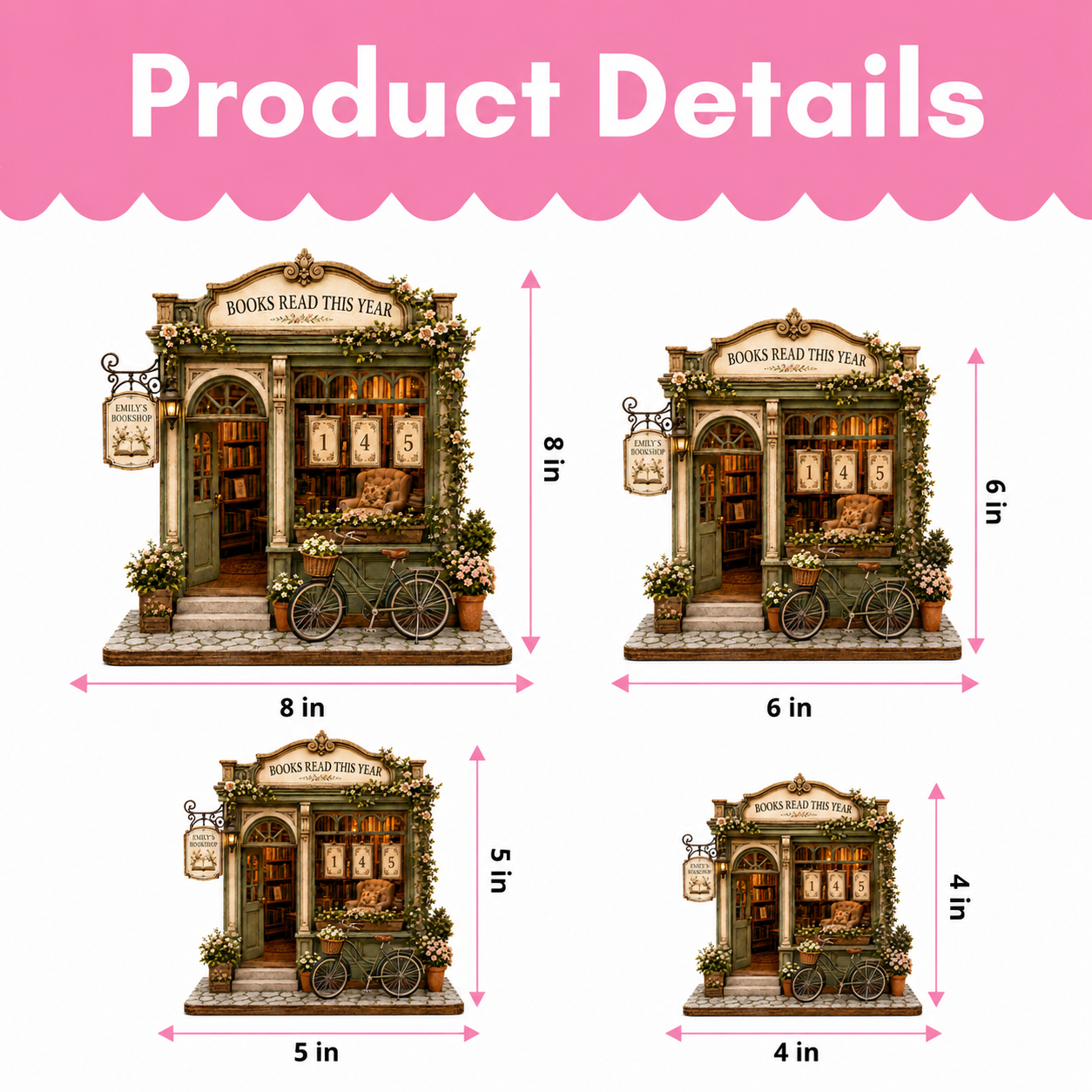 Product details and size chart for a decorative miniature bookshop model. The image shows four size variants labeled 8 in, 6 in, 5 in, and 4 in, with pink dimension arrows and a pink header reading 'Product Details'.