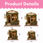 Product details and size chart for a decorative miniature bookshop model. The image shows four size variants labeled 8 in, 6 in, 5 in, and 4 in, with pink dimension arrows and a pink header reading 'Product Details'.