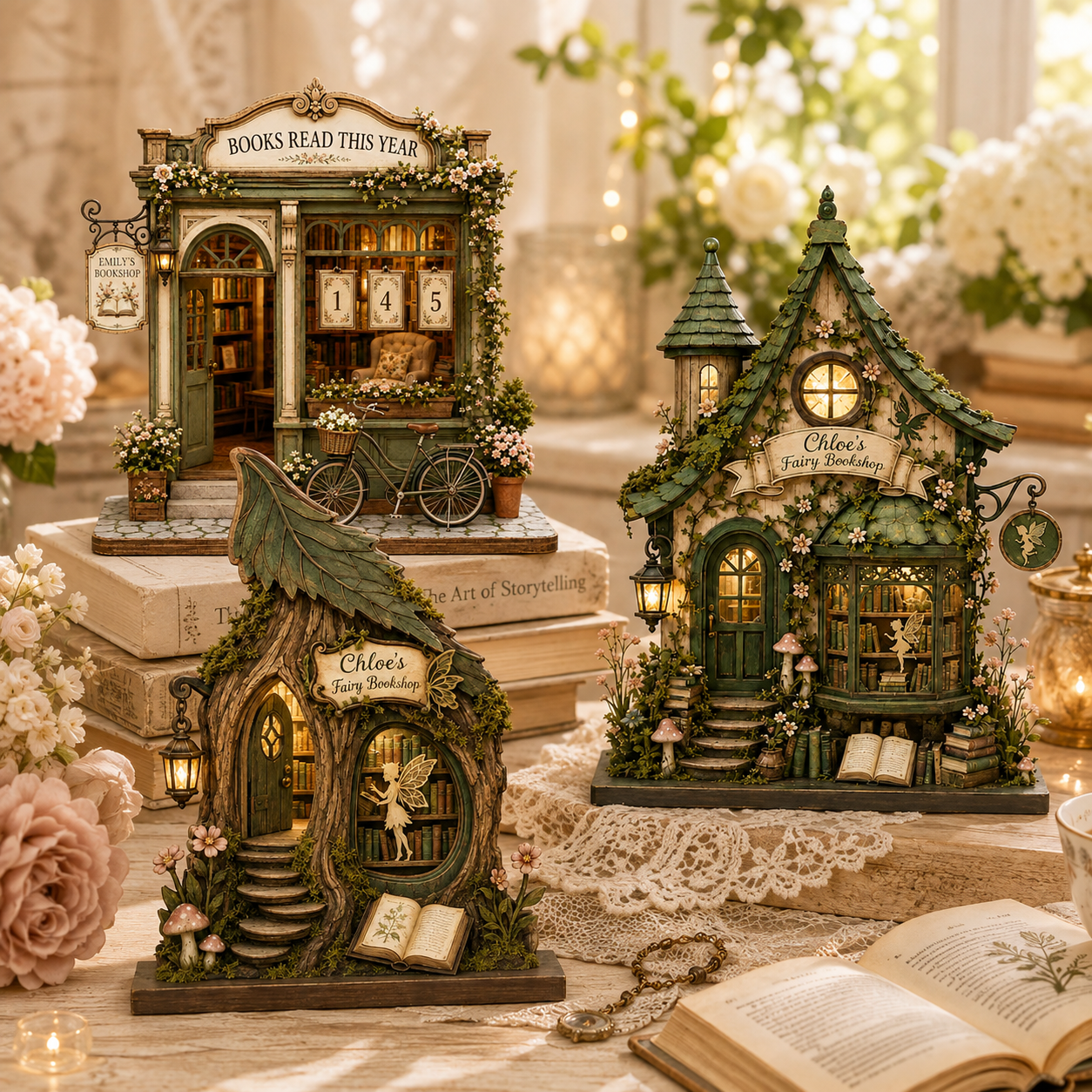 Three decorative miniature fairy house and shop figurines arranged on books and lace in a softly lit floral setting. The houses have green roofs, glowing warm window lights, tiny shelves, bicycles, and signs including one that reads 'Books Read This Year' and another 'Chloe's Fairy Shop'.