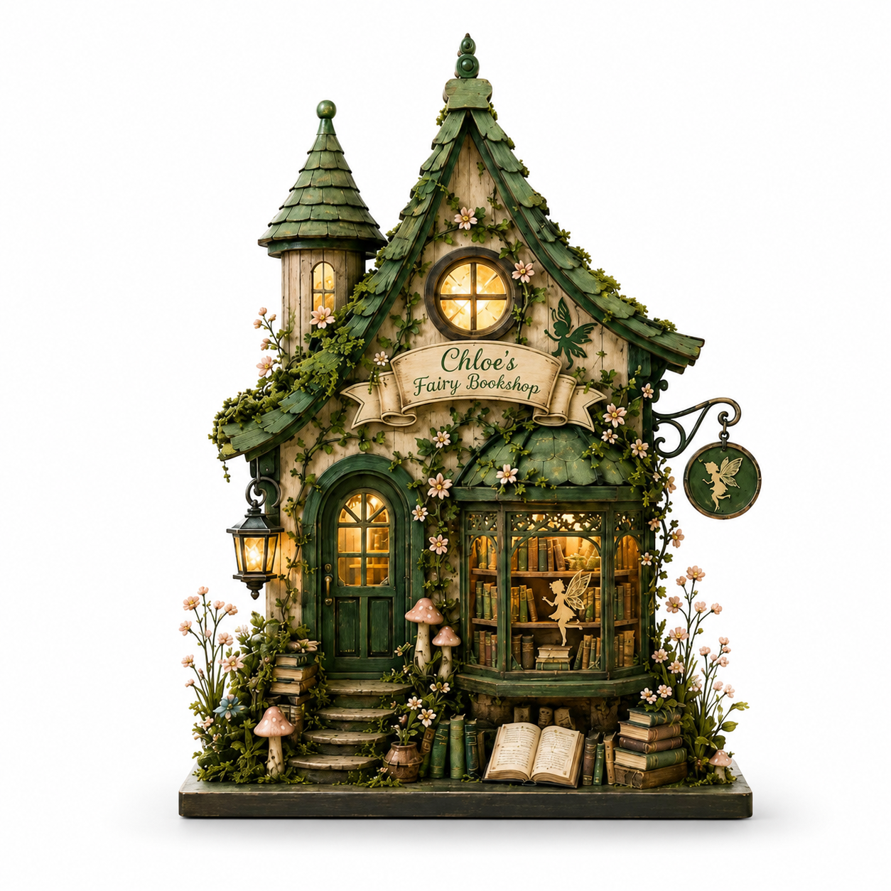 A decorative fantasy bookshop figurine labeled 'Chloe's Fairy Bookshop' on a plain white background. The miniature structure features a green roof, ivy-covered walls, a glowing window display with a fairy inside, lanterns, mushrooms, books, and a small fairy sign.
