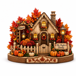 A decorative autumn-themed wooden house figurine with a picket fence, pumpkins, fall leaves, lanterns, and signs reading 'Welcome' and 'The Taylor Family', shown on a plain white background.