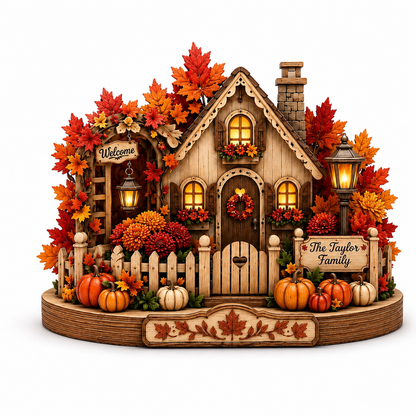 A decorative autumn-themed wooden house figurine with a picket fence, pumpkins, fall leaves, lanterns, and signs reading 'Welcome' and 'The Taylor Family', shown on a plain white background.