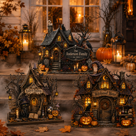 Three decorative haunted house ornaments styled for Halloween on a rustic wooden surface, with lit candles, pumpkins, and autumn leaves in the background.