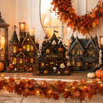Three detailed Halloween haunted house lanterns displayed on a mantel in a cozy decorated home interior. The houses feature warm yellow window lights, carved pumpkins, bats, and small ghost figures.