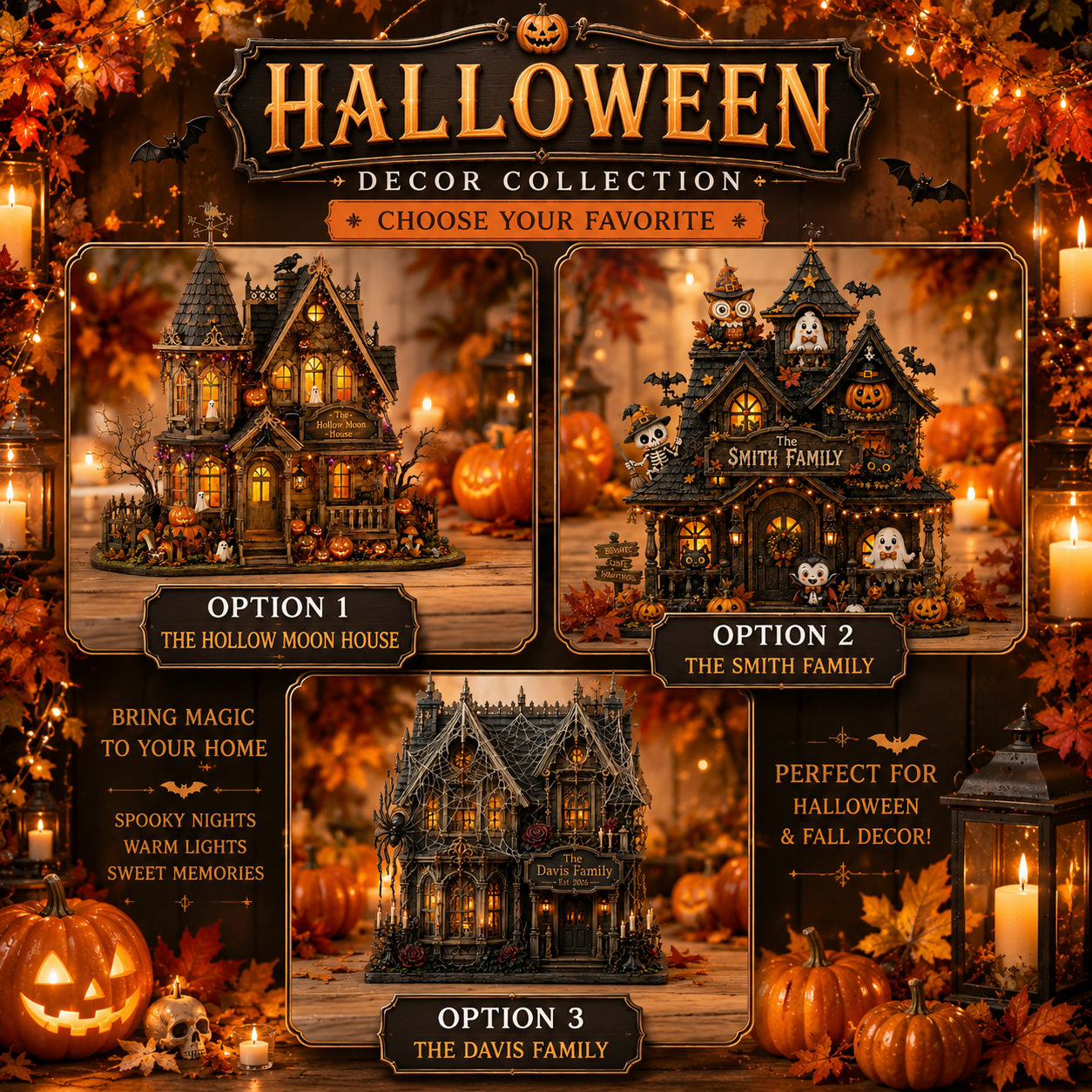 Halloween decoration collection promotional graphic showing three haunted house options: The Hollow Moon House, The Smith Family, and The Davis Family, with autumn-themed decor and candles around them.