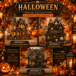 Halloween decoration collection promotional graphic showing three haunted house options: The Hollow Moon House, The Smith Family, and The Davis Family, with autumn-themed decor and candles around them.