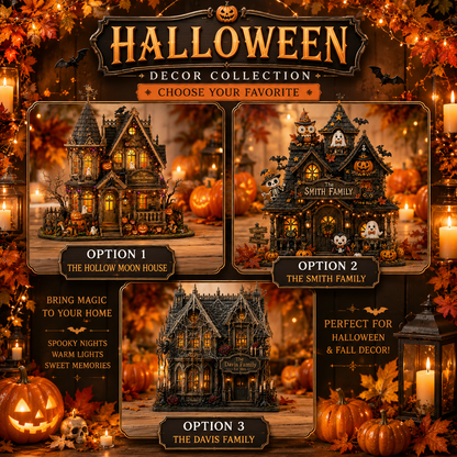 Halloween decoration collection promotional graphic showing three haunted house options: The Hollow Moon House, The Smith Family, and The Davis Family, with autumn-themed decor and candles around them.