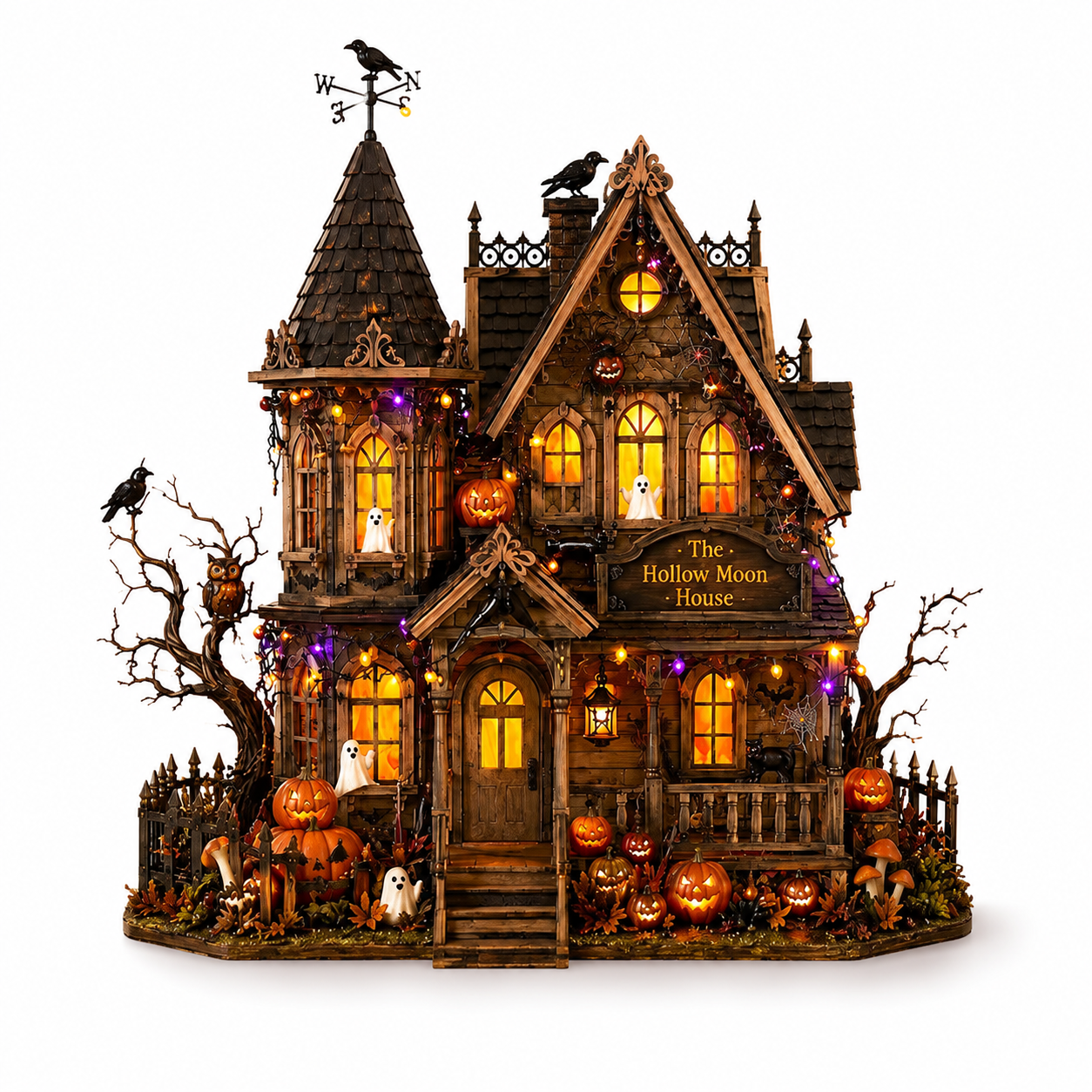 A detailed Halloween diorama featuring 'The Hollow Moon House' with glowing windows, carved pumpkins, ghosts, a weasel, and a crow on a white background.