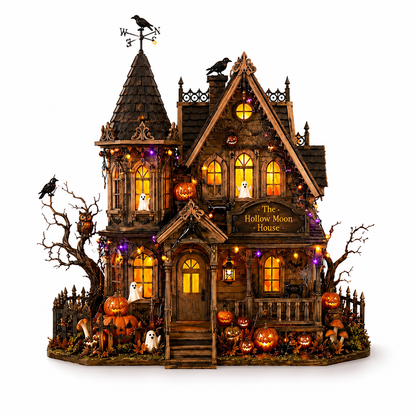 A detailed Halloween diorama featuring 'The Hollow Moon House' with glowing windows, carved pumpkins, ghosts, a weasel, and a crow on a white background.