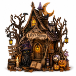 A highly detailed, whimsical Halloween-themed miniature house set with carved trees, a black cat in a purple witch hat, glowing windows, jack-o'-lanterns, a broom, an open spellbook, and a sign reading 'Lily's Salem'.