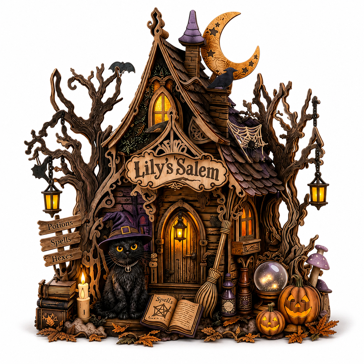 A highly detailed, whimsical Halloween-themed miniature house set with carved trees, a black cat in a purple witch hat, glowing windows, jack-o'-lanterns, a broom, an open spellbook, and a sign reading 'Lily's Salem'.