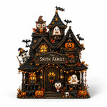 A highly detailed, illuminated Halloween haunted house decoration with the text 'The Smith Family' on the front. The spooky black house is decorated with orange jack-o'-lanterns, small bats, cartoon ghosts, a skeleton, an owl, and a penguin, with warm fairy lights glowing from within, set against a plain white background.
