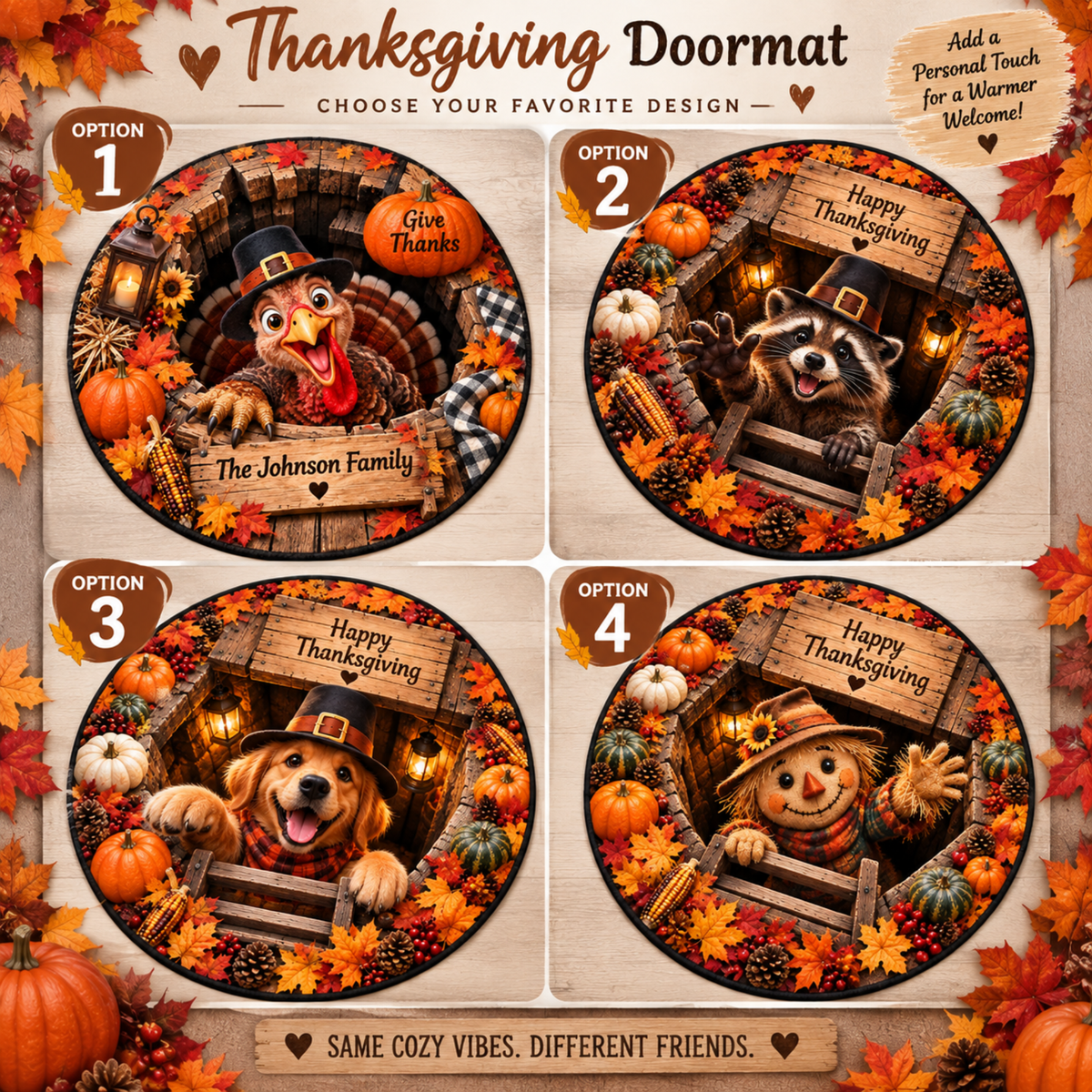 Chaotic Club Personalized Thanksgiving 3D Optical Illusion Round Rug
