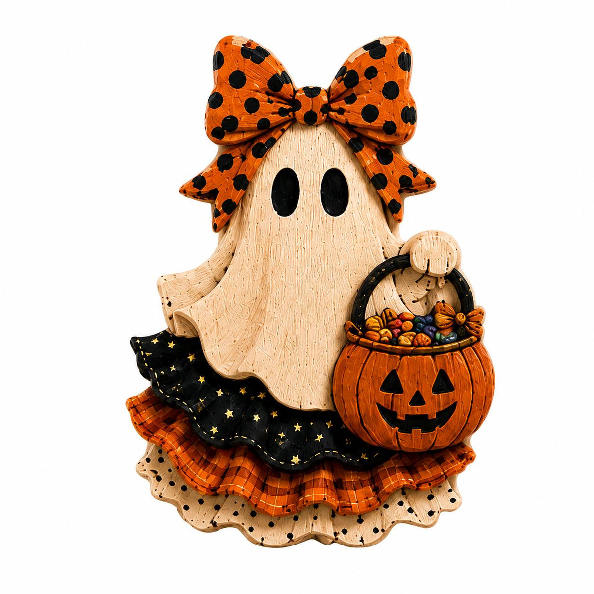 A wooden Halloween ghost decoration holding a jack-o'-lantern candy basket, featuring an orange polka-dot bow, a black skirt with gold stars, and an orange-and-black plaid ruffle hem, shown on a plain white background.