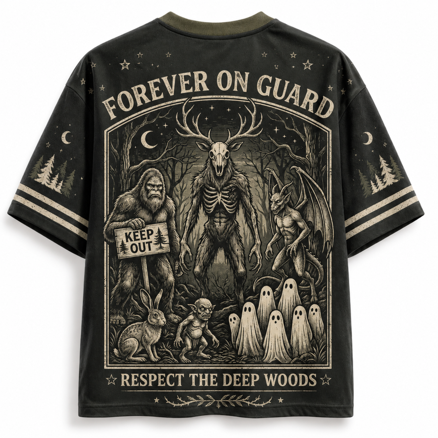 A black graphic t-shirt shown from the back, featuring a detailed dark woodcut-style illustration of forest monsters, a rabbit, ghoulish figures, and text reading 'FOREVER ON GUARD' and 'RESPECT THE DEEP WOODS'.