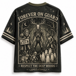 A black graphic t-shirt shown from the back, featuring a detailed dark woodcut-style illustration of forest monsters, a rabbit, ghoulish figures, and text reading 'FOREVER ON GUARD' and 'RESPECT THE DEEP WOODS'.