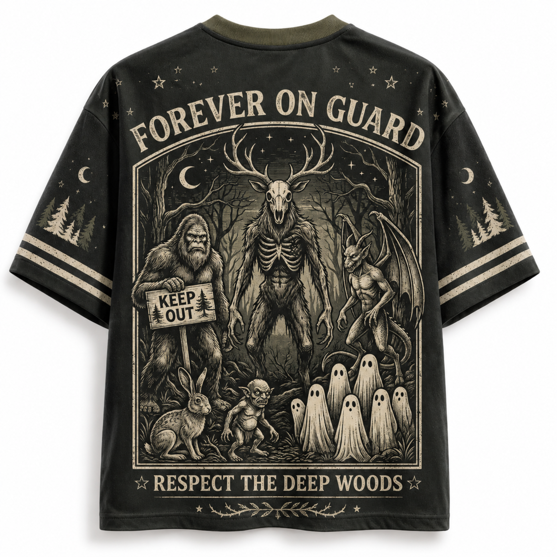 A black graphic t-shirt shown from the back, featuring a detailed dark woodcut-style illustration of forest monsters, a rabbit, ghoulish figures, and text reading 'FOREVER ON GUARD' and 'RESPECT THE DEEP WOODS'.