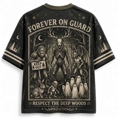 A black graphic t-shirt shown from the back, featuring a detailed dark woodcut-style illustration of forest monsters, a rabbit, ghoulish figures, and text reading 'FOREVER ON GUARD' and 'RESPECT THE DEEP WOODS'.