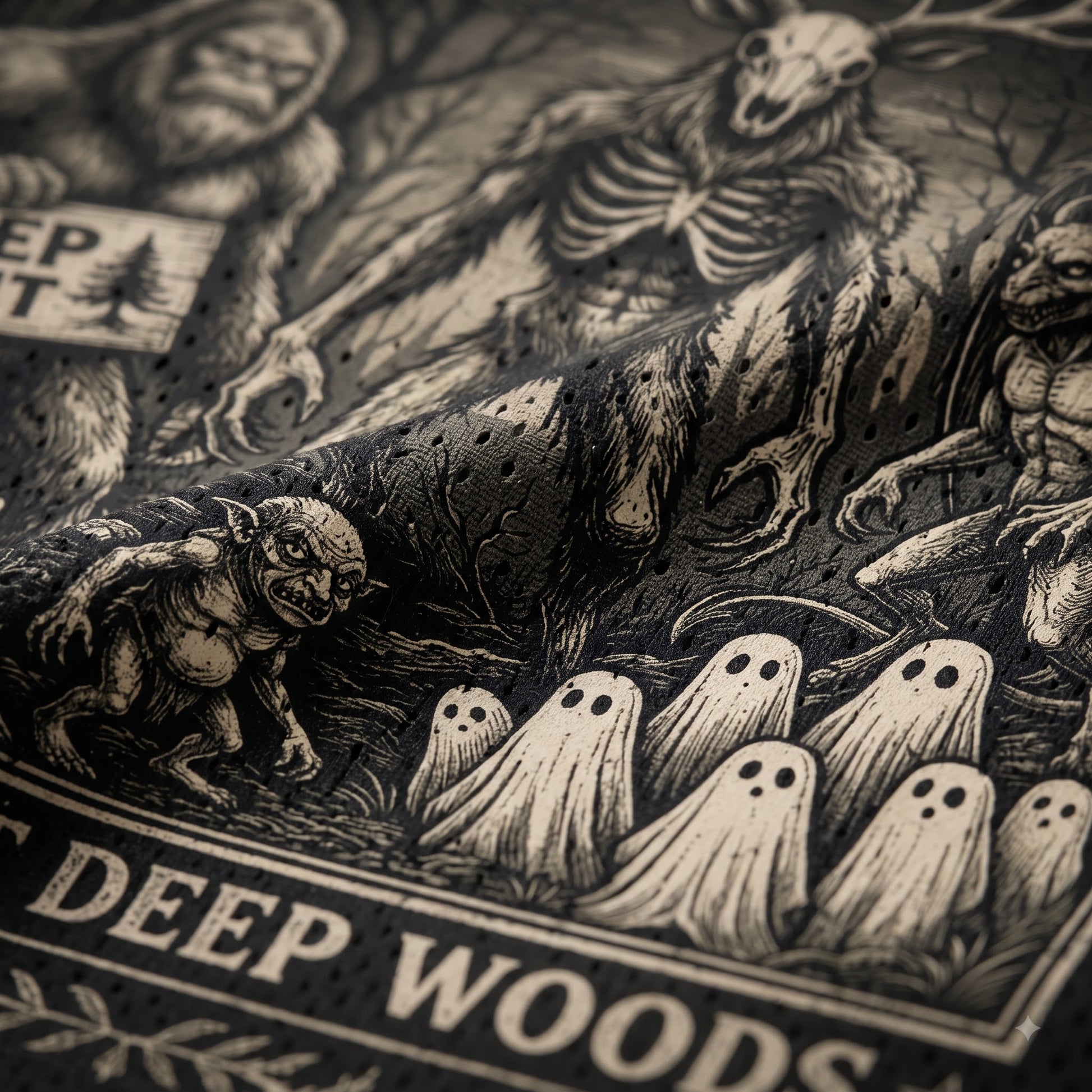 A close-up of a dark, horror-themed graphic print featuring a skeleton, a small creature, several ghosts, and the text 'DEEP WOODS'.