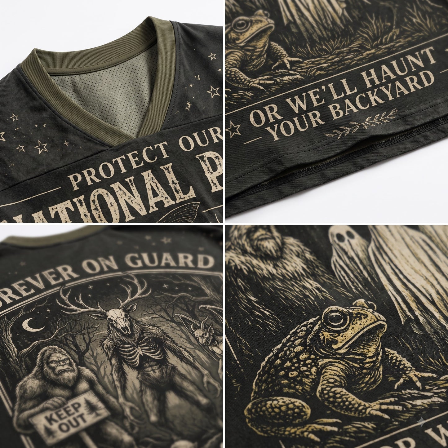 A four-panel close-up collage of a black graphic t-shirt showing the collar, fabric print, and detailed illustrations including a toad, a skeleton bear, a deer skull, and text reading 'OR WE'LL HAUNT YOUR BACKYARD' and 'FOREVER ON GUARD'.