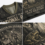 A four-panel close-up collage of a black graphic t-shirt showing the collar, fabric print, and detailed illustrations including a toad, a skeleton bear, a deer skull, and text reading 'OR WE'LL HAUNT YOUR BACKYARD' and 'FOREVER ON GUARD'.