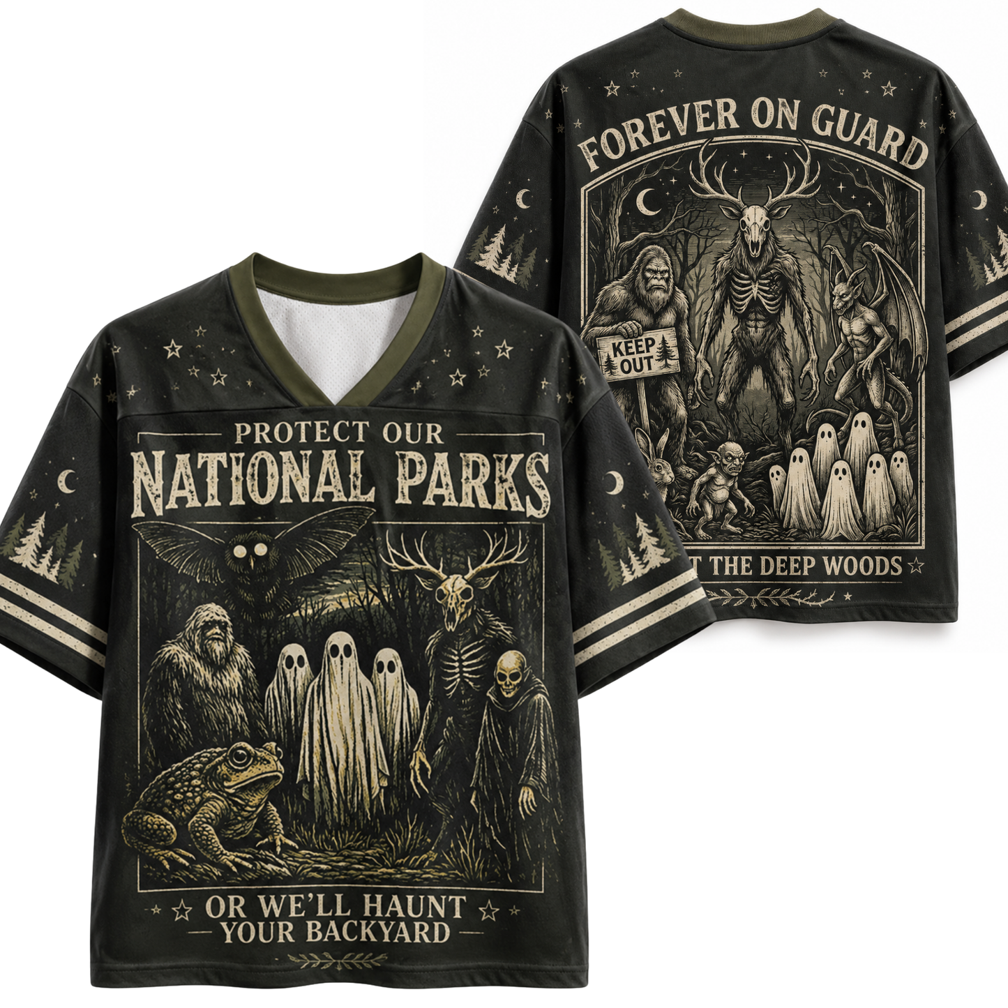 A black V-neck t-shirt with a detailed beige and white graphic print featuring national parks wildlife, ghosts, and the text 'PROTECT OUR NATIONAL PARKS' and 'FOREVER ON GUARD'. A second view shows the back of the shirt with additional text 'THE DEEP WOODS' and 'KEEP OUT'.