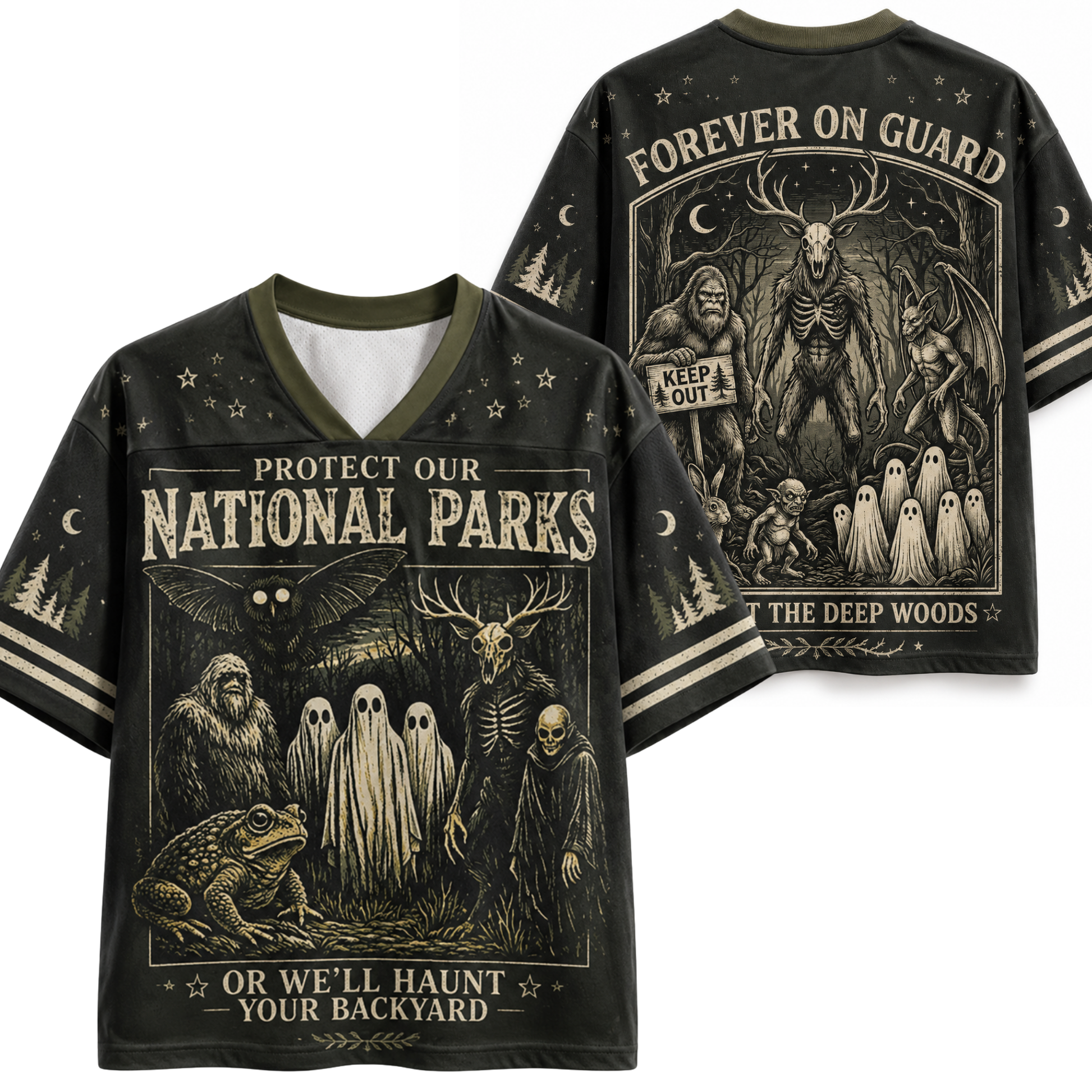 A black V-neck t-shirt with a detailed beige and white graphic print featuring national parks wildlife, ghosts, and the text 'PROTECT OUR NATIONAL PARKS' and 'FOREVER ON GUARD'. A second view shows the back of the shirt with additional text 'THE DEEP WOODS' and 'KEEP OUT'.