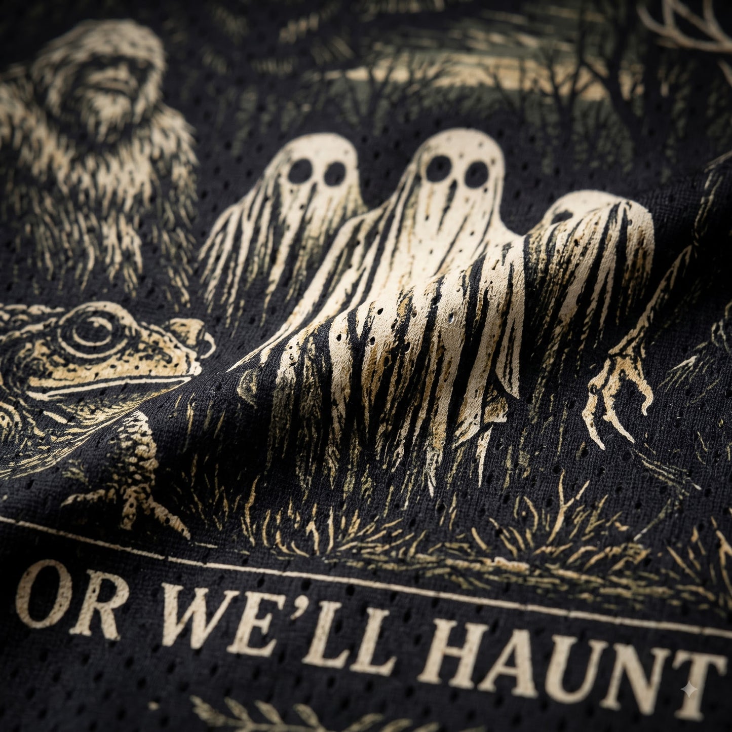 Close-up of a black mesh fabric printed with a spooky Halloween graphic featuring three ghost figures, a frog, a Yeti, and partial text reading 'OR WE'LL HAUNT'.