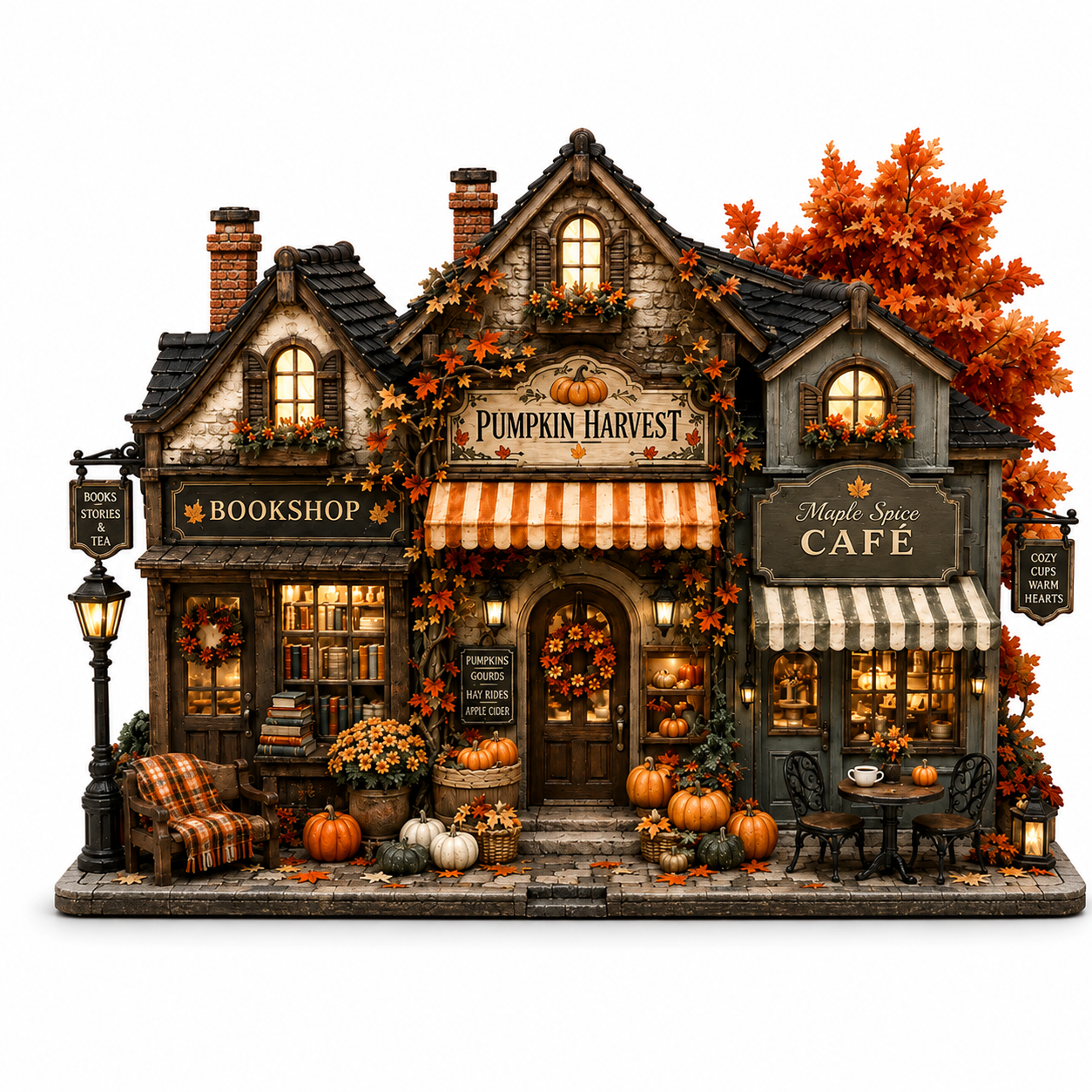 A miniature decorative building set styled as a cozy autumn village shopfront with three storefronts: 'Pumpkin Harvest' bookshop, 'Pumpkin Harvest' cafe, and 'Maple Spice Cafe'. The scene is decorated with orange and red fall leaves, potted and hanging pumpkins, a plaid armchair, and warm glowing windows, all arranged on a white background.