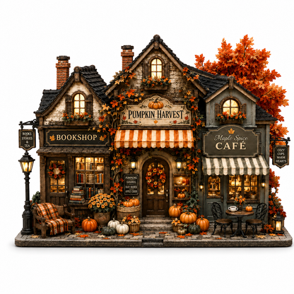 A miniature decorative building set styled as a cozy autumn village shopfront with three storefronts: 'Pumpkin Harvest' bookshop, 'Pumpkin Harvest' cafe, and 'Maple Spice Cafe'. The scene is decorated with orange and red fall leaves, potted and hanging pumpkins, a plaid armchair, and warm glowing windows, all arranged on a white background.