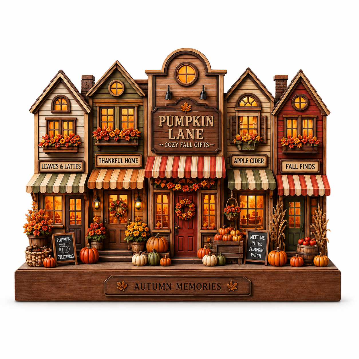 A decorative tabletop display of five cozy autumn storefront houses under a central sign reading 'Pumpkin Lane Cozy Fall Gifts,' with shop names including Leaves & Lattes, Thankful Home, Apple Cider, and Fall Finds. The scene includes pumpkins, flowers, corn, baskets, and warm glowing windows, mounted on a base labeled 'Autumn Memories.