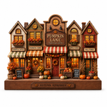 A decorative tabletop display of five cozy autumn storefront houses under a central sign reading 'Pumpkin Lane Cozy Fall Gifts,' with shop names including Leaves & Lattes, Thankful Home, Apple Cider, and Fall Finds. The scene includes pumpkins, flowers, corn, baskets, and warm glowing windows, mounted on a base labeled 'Autumn Memories.