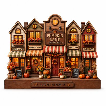 A decorative tabletop display of five cozy autumn storefront houses under a central sign reading 'Pumpkin Lane Cozy Fall Gifts,' with shop names including Leaves & Lattes, Thankful Home, Apple Cider, and Fall Finds. The scene includes pumpkins, flowers, corn, baskets, and warm glowing windows, mounted on a base labeled 'Autumn Memories.