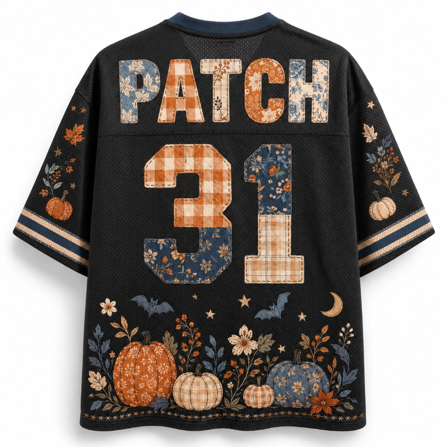 A black mesh short-sleeve jersey shown from the back, featuring the name 'PATCH' and number '31' in a patchwork autumn pattern. The bottom is decorated with a patchwork pumpkin and floral design, and the sleeves have matching patterned details.