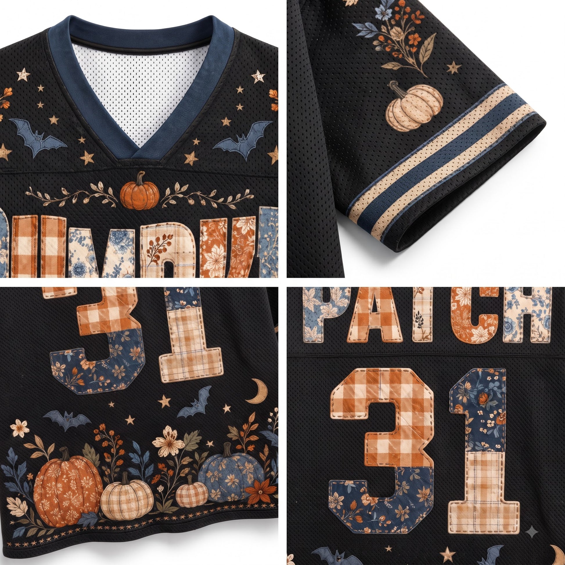 A four-panel close-up collage of a black athletic-style jersey with a fall/Halloween theme. The jersey has navy mesh trim, embroidered bats and stars, orange pumpkins, floral and plaid lettering, and the number 31.