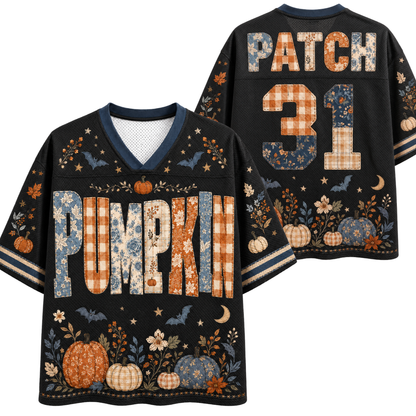 A black short-sleeve V-neck jersey-style shirt shown from the front and back, decorated with a fall harvest patchwork design featuring pumpkins, bats, stars, flowers, and the text 'PUMPKIN' on the front and 'PATCH 31' on the back.