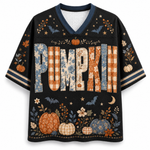A black short-sleeve V-neck jersey-style shirt with a large autumn-themed 'PUMPKIN' text graphic and seasonal motifs including pumpkins, bats, stars, leaves, and plaid/floral fillings, shown on a plain light background.